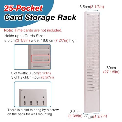 RENLXFI Time Card Rack 24/25/50 Slot Wall Mountable Card Holder, Easy Install Plastic Categoryh Card Organizer for Warehouse Factory Workshop with Number Labels(Gray,25-Pocket Slots)