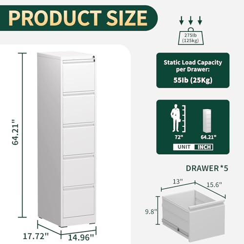 5 Drawer File Cabinet with Lock, Metal Vertical File Cabinets for Home Office, Office Furniture for Organization Hanging Legal/Letter/A4, Office File Cabinet Storage Cabinet, Require Assembly, White