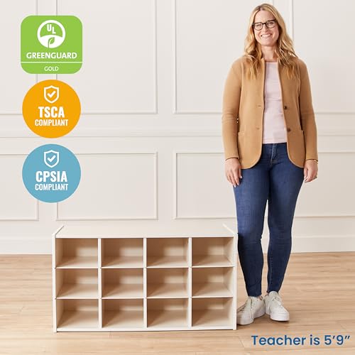 ECR4Kids Streamline 12 Cubby Tray Storage Cabinet, 3x4, Classroom Furniture, White Wash