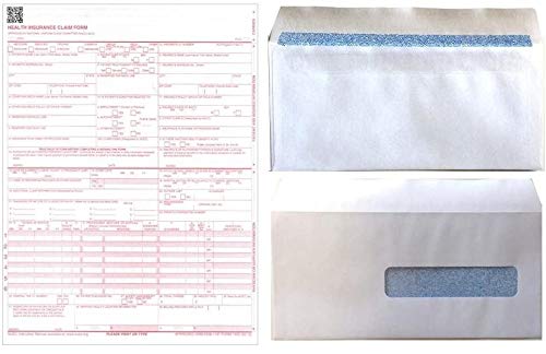 New CMS 1500 - HCFA Insurance Claim Forms and Self-Seal No. 10-1/2 Tinted Window Envelopes - 25 FORMS AND ENVELOPES