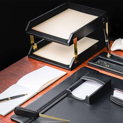 Dacasso Classic Black Leather Front-Load Double Letter Tray Set w/Gold Stacking Posts - Luxury Executive Decor and Office Essential - Desk Surface Protector
