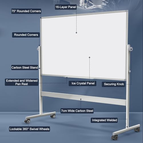 Dry Erase Board with Stand, Double Sided White Board Magnetic, Big Rolling Whiteboard on Wheels, Adjustable Height and Angle(White,90x60cm/35x24in)