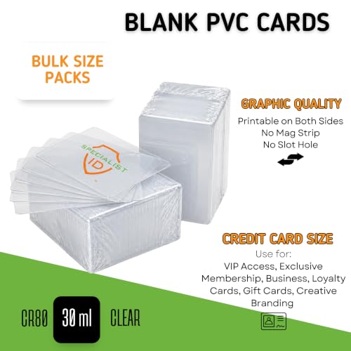Bulk 500 Pack - Clear Blank PVC Cards for ID Badge Printers - Graphic Quality Plastic CR80 30 Mil (CR8030) By Specialist ID - Compatible with Most Photo ID Badge Printers (Clear)