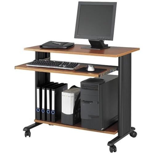 Scranton & Co 35" Fixed Height Wood Workstation, Cherry Finish, Powder-Coated Steel Frame, Melamine Laminate Top, Mobile Computer Desk with Keyboard Tray, CPU Shelf, Locking Casters for Home or Office