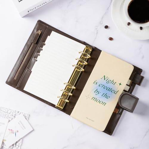 Smartfee Leather Personal Organizer Planner – 6 Rings Notebook Binder with Flyleaf, 30mm Gold Ring, NP leather（NP brown)