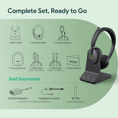 Yealink WH68 Wireless Headsets with 6 Mics for Work Active Noise Cancelling