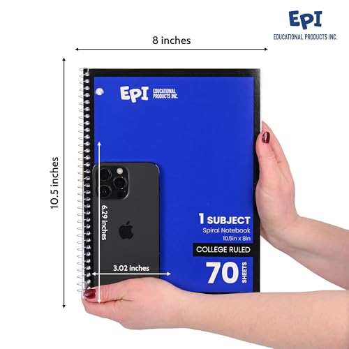 EPI Spiral Notebook | 1 Subject - College Ruled - 70 Sheets, Durable Spiral Binding | 10.5 x 8 in | Classroom Supplies | School, Office, Note Taking, Journaling - 48 Pack