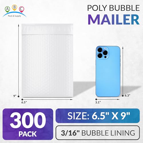 ABC PACK & SUPPLY Poly Bubble Mailers, 6.5 x 9 Inch White Padded Mailers, Self Seal Shipping Envelopes, Lightweight Poly Mailer Bags, Waterproof Mailing Bags, Pack of 300