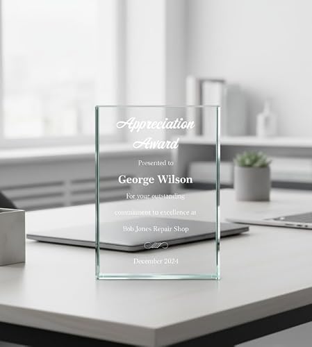 Personalized Plaque - Customized Glass Award Trophy - 7” Tall with Engraving - Custom Award Plaque for Employee Recognition - Choose Your Title: Appreciation, Excellence, Retirement and More