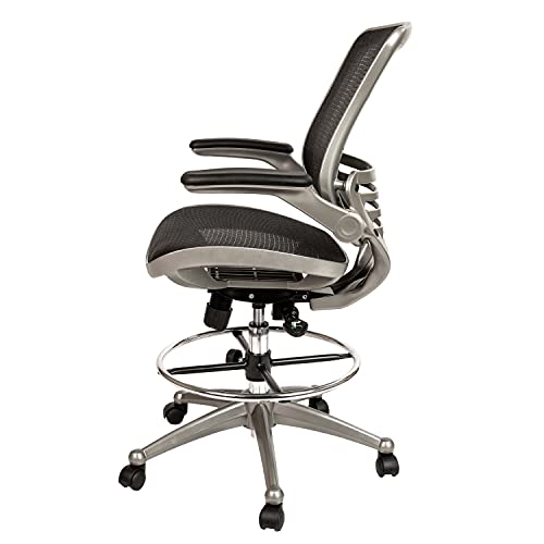 BizChair Mid-Back Transparent Black Mesh Drafting Chair with Graphite Silver Frame and Flip-Up Arms