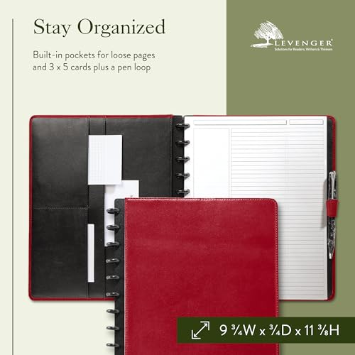 Levenger Circa Premium Leather Foldover Discbound Notebook Journal with Pockets, Red, Letter