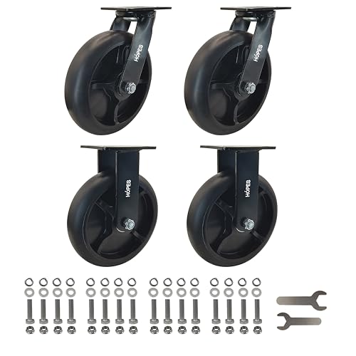 HOPES 8 X 2 inch Heavy Duty Casters,Rubber Casters Wheel,Flat Industrial Caster - Set of 4 - Use for Truck Dollies,Workbench,Transport,Handcarts,Utility cart (2 Swivel & 2 Rigid, 2,800lbs)