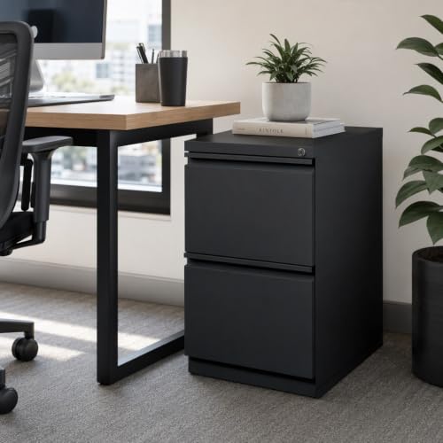 Scranton & Co Metal Mobile Pedestal Filing Cabinet, 23 in Deep, 2-Drawer File/File Configuration, Black Finish, Ball-Bearing Suspension, Hidden Casters, Lock Included, Letter File Storage, Office Use