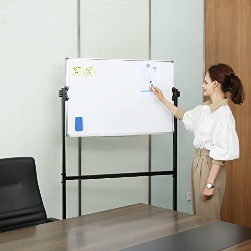 VEVOR Rolling Magnetic Whiteboard, Double-Sided Mobile Whiteboard 36x24 Inches, 360° Reversible Adjustable Height Dry Erase Board with Wheels & Movable Tray for Office, School