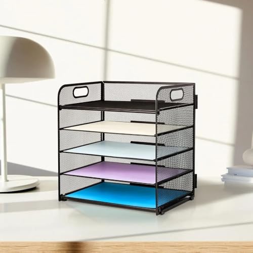 Desk File Organizer, 5-Layer Grid Desktop with Handles, Paper Sorter, Thick Black