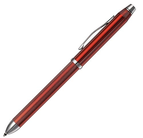 Cross Tech3+ with Sophisticated Brushed Red Diamond Pattern Finish Barrel, 0.5mm Pencil, Black and Red Ink Refills, Interchangeable Cap Tops in Premium gift box