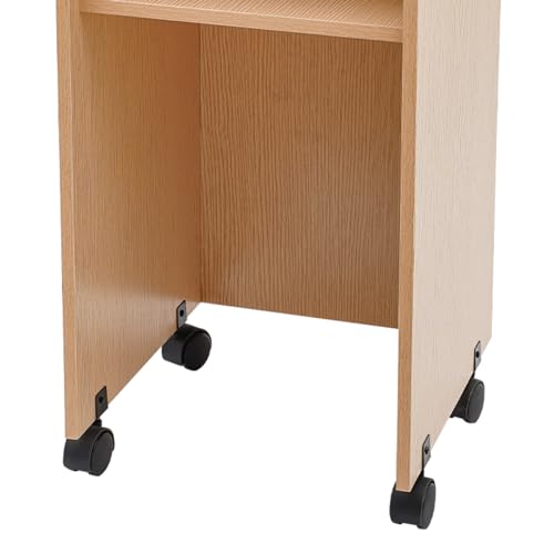 Rolling Podium Stand with Wheels Farmhouse Wood Presentation Standing Portable Lectern Speaking Podium Stand with Storage Shelf and Slant Desktop for Church Office School Classroom Home (Oak Color)