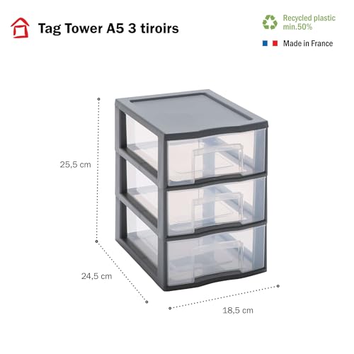 Sundis | TAG TOWER 0456002 Mini Storage Tower - 3 Drawers with Label Door and Anti-Fall System - Anthracite Grey