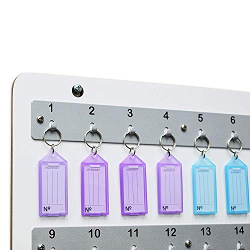 Acrimet Wall-Mounted Key Holder Rack – White Wood Board Key Stand Organizer with 32 Numbered Hooks – Includes 32 Plastic Key Tags with Metal Rings & Labels