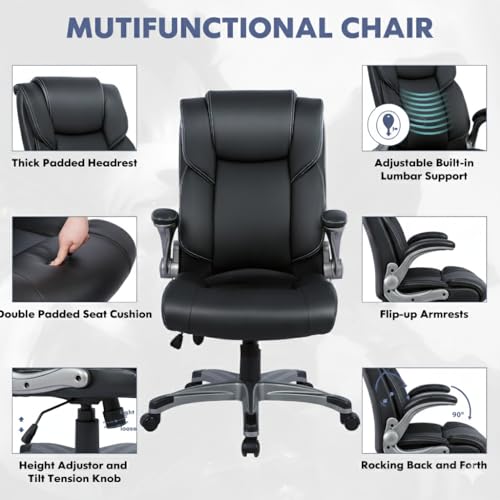 COLAMY Ergonomic Executive Office Chair with Lumbar Support, Flip-Up Arms, Bonded Leather High Back Desk Chair for Home Office & Workstation, Computer Chair for Adults Men Women, Black