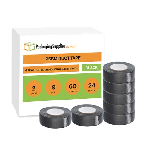 PSBM Black Duct Tape, 24 Rolls, 9 Mil Thick, 2 Inch Wide, 60 Yards Per Roll, Total 1440 Yards, Heavy Duty, Waterproof, All-Weather, Perfect for Repairs, Patching, Bundling & Sealing
