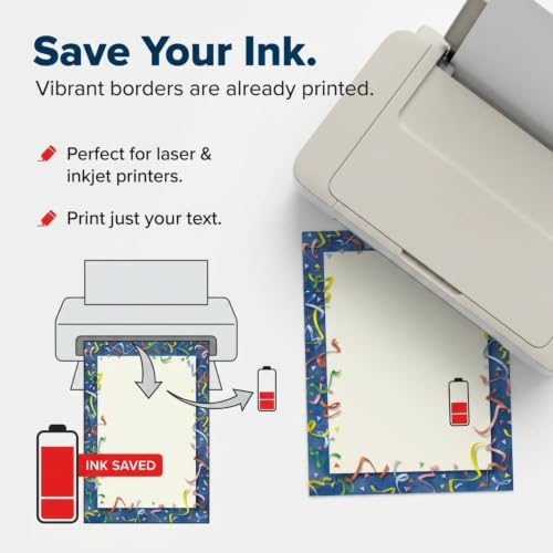 PaperDirect Colorful Confetti Celebration Border Paper, Dark Blue Border with Multicolor Ribbons and Confetti, 8.5 x 11, Acid-Free, Ideal for Invitations, Flyers, Cards, 100 Sheets