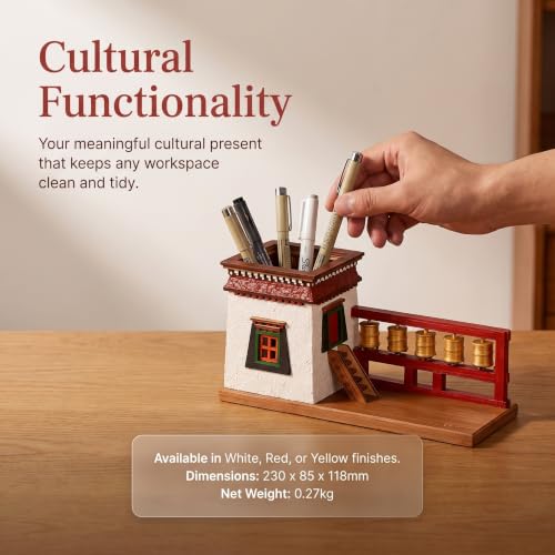 JYSWDZ Handmade Wooden Desktop Pen Holder, Tibetan Architecture Pen Holder, With Rotatable Prayer Wheels, Ethnic Decor Pencil Pot, Solid Wood Painted Creative Ornaments, For Holiday Gifts White