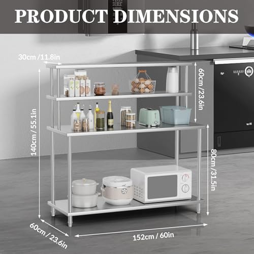 4-Tier Stainless Steel Laboratory Workbench - 60x24 Inch Heavy Duty Prep Table with Adjustable Overshelves - for Industrial, Scientific & Commercial Use, Easy to Clean, 60 * 23.6 * 55.1"