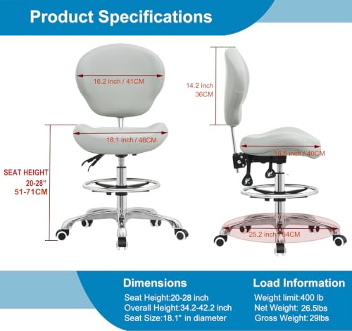 Kaleurrier Adjustable Stools Drafting Chair: with Back Rest & Foot Rest