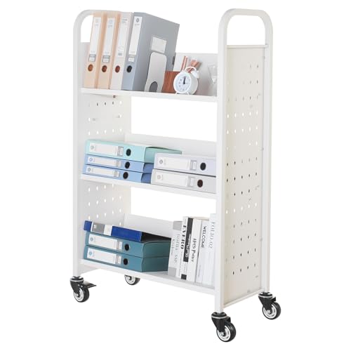 VEVOR Rolling Library Book Cart, 330 lbs Capacity, 30.3 x 15 x 48.0-Inch Library Cart, Single Sided V-Shaped Shelves with 3-Inch Lockable Wheels, Book Truck for Home Shelves Office and School, White
