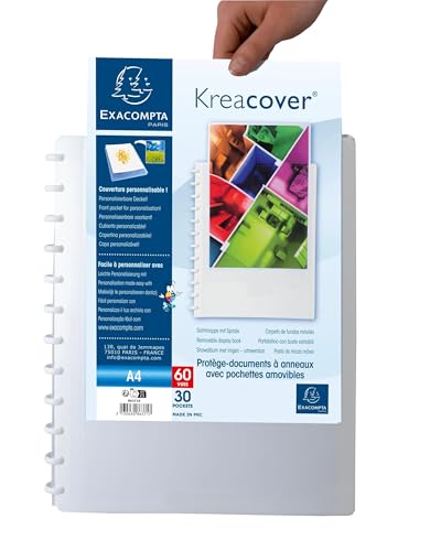 Exacompta - Ref 86371E - Box of 4 Removable Ring Binders with 30 Removable Grained Pockets - 60 Views - A4 - Size 24.5x31cm - Customizable Hard Cover Kreacover - White