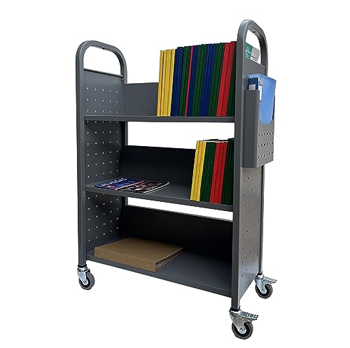 Workington Rolling Book Truck Book Cart with 3 Flat Shelves, Library Book Cart with Swivel Lockable Casters 3001 Gray