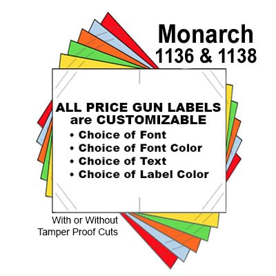 112,000 Monarch 1136/1138 Compatible Blue General Purpose Labels for Monarch 1136 and 1138 Price Guns. Full Case + 8 Ink Rollers. NO Security cuts.