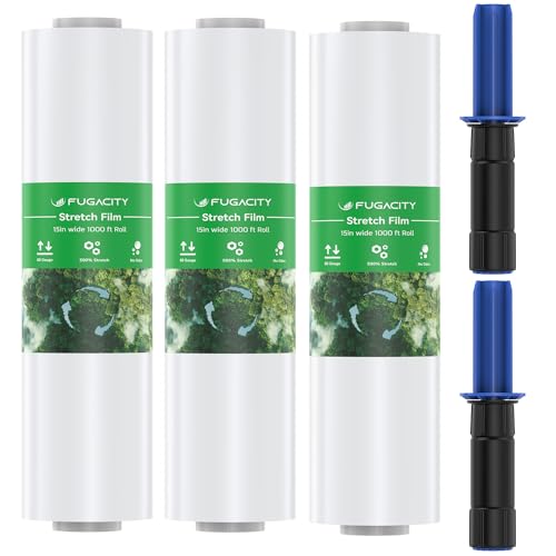Stretch Warp Film- FugaCity 3 Pack Heavy Duty Shrink Wrap Roll with Handles 15" x 1000 Feet, 60 Gauge Industrial Strength for Pallet Wrap, Furniture Wrapping Moving & Protection