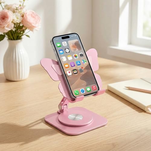 EYDHCN Butterfly Phone Stand 360° Rotating Adjustable Aluminum Desktop Holder for All Smartphones Foldable Portable Stand Design Foldable Dock for Home Office Travel (Blue)