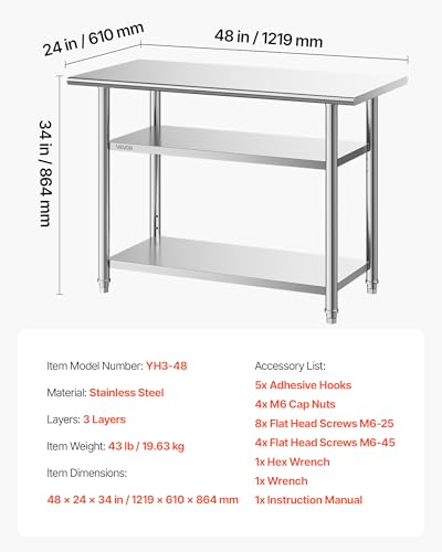 VEVOR Stainless Steel Work Table, 24x48 Inch Food Prep Table with 2 Shelves, Commercial Kitchen Workstation, Metal Heavy Duty Utility Worktable, for Restaurant Home Hotel Garage Outdoor
