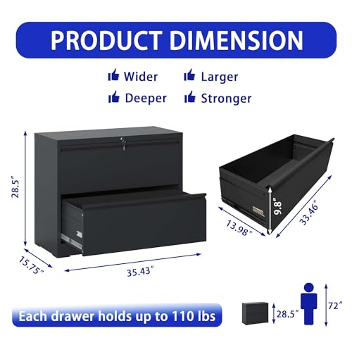 AVGVLIJ Lateral File Cabinet with 2 Drawer, Printer Stand, Lockable File Cabinet for Home Office, Metal Filing Cabinet with Lock for Legal/Letter/ A4/ F4 Size (Black)