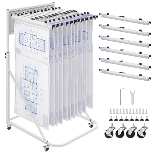 VEVOR Blueprint Storage Rack, Steel, Mobile Adjustable Blueprint Holder with 6 Pack of 24 Inch Aluminum Clamps, 4 Wheels, Display Rack Storage Organizer Stand, for File Display Plan Poster Office Home