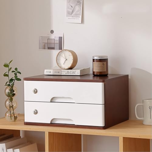 GFSGHZZ Solid Wood Storage Box - Desktop File Cabinet Wood Desk Nizer with 2 Drawers Lockable Desktop Countertop Storage Cabinet for Supplies File Tabletop Nizing,Brown+White-2 Layer