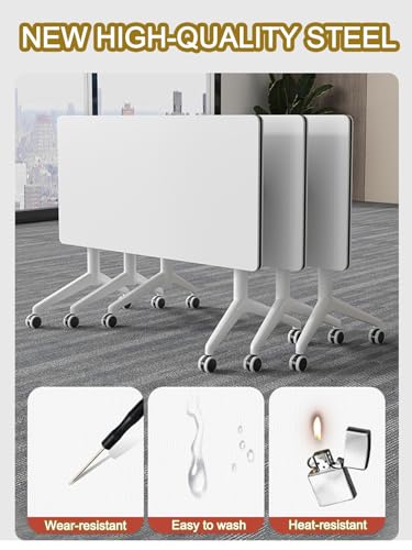 Folding Conference Table, Rectangular Conference Room Table Flip Top Mobile Training Table, with Four Locking Wheels, Rolling Meeting Table, for Office, Conference Rooms, Training Rooms(B,55x16x30in)
