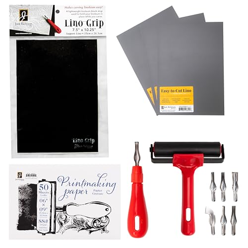 Richeson & Co. Printmaking Starter Kit - Easy to Cut Lino Set, Includes Lino Cutter, Blades, 4” Brayer, Lino Grip, Printmaking Paper