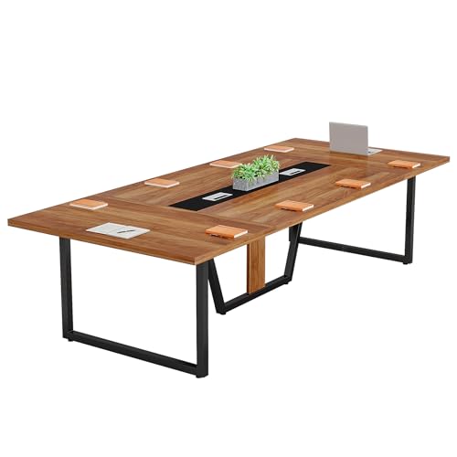 LITTLE TREE 8FT Conference Table for 10 People, Large Meeting Table, Modern Conference Room Tables with Cable Management, Training Tables with Strong Metal Legs for Office, Brown