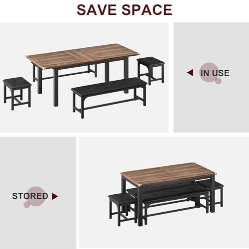 TrailBlaze Space-Saving Extendable Office Desk Set – 5-Piece Modern 63" Table, Upholstered Benches & Stools, Waterproof Mark-Resistant MDF, Metal Frame – Walnut Plate & Black Iron Frame