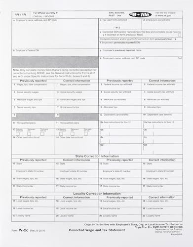 W-2C Tax Forms 4-Part Set, Corrected Wage and Tax Statement, 25 Pack