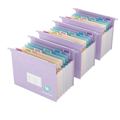 Expanding Hanging File Folders for Filing Cabinet, 7 Accordion Pockets, 1.2'' Expandable, Multi-Color Tabs, Letter Size, 50% Wheat Straw, 3 Pack (Lavender)