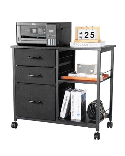 VEVOR Metal File Cabinet, Mobile Filing Cabinet with 3 Fabric Drawers and 2 Open Shelves, Wooden Vertical Filing Storage Cabinets with Wheels for Letter, A4, Legal Size File, Easy Assembly, Black