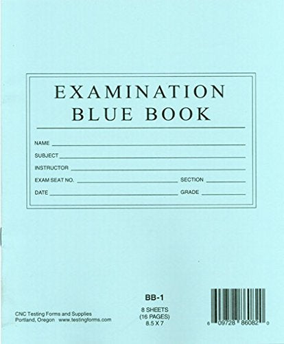 TestingForms.com 8.5" x 7" Examination Blue Book 8 Sheets 16 Pages 50 Booklets
