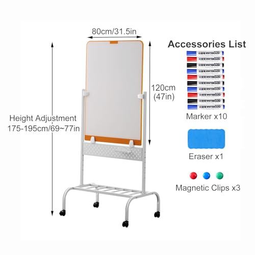 TRUNXUCL Standing Whiteboard Rolling Dry Erase Board on Wheels Magnetic White Board, Adjustable Height(Gray,80x120cm/31.5x47in)