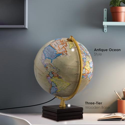 Waypoint Geographic Horizon Plus Illuminated Globe, 12" Antique Ocean-Style, Up-to-Date Light-Up Globe, Reference for Home and Office Decor, 17“ H x 13.5“ W x 12“ D