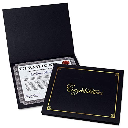 Congratulations Black & Gold Certificate Folders - Pack of 50, Linen Cover 80 lb. Stock, Folded, Die-Cut Corners, for Office, Business Awards, Graduation, School Diploma Holder, 9-1/2" x 12"